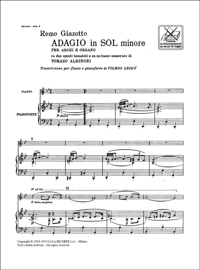 Adagio in sol minore (g minor) - Trascrizione per flauto e pianoforte - příčná flétna aklavír